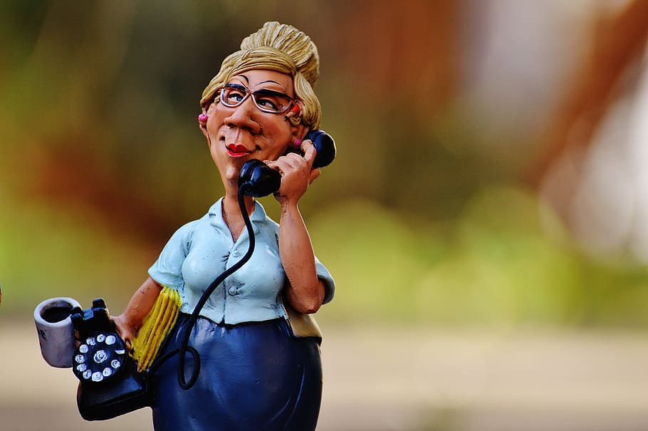 woman, holding, rotary, telephone figurine, secretary, office, phone, schedule, call, files