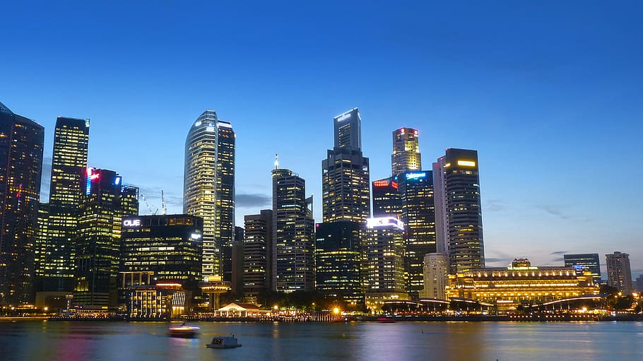 tall, buildings, body, water, blue, sky, daytime, singapore, river, skyline
