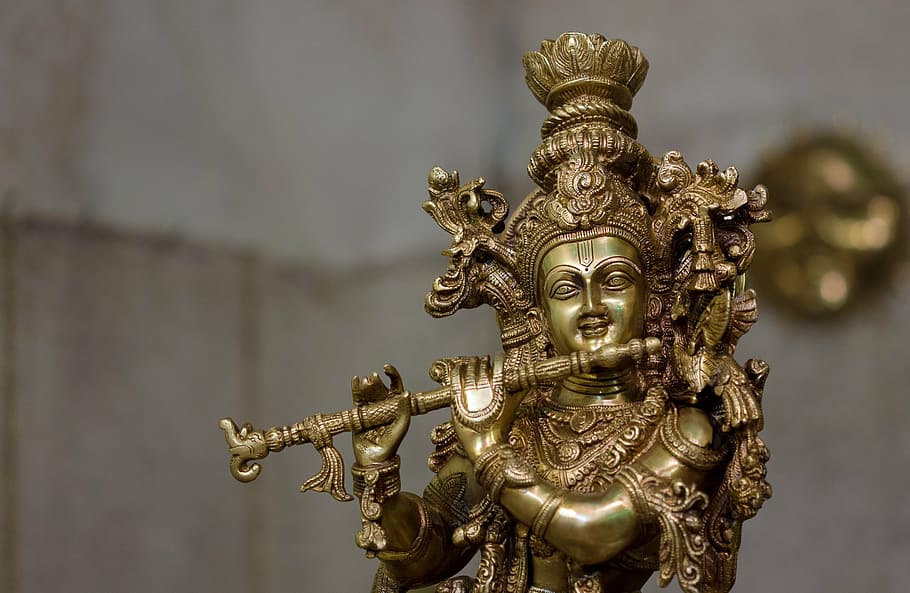 brown, krishna figure, tilt-shift lens photography, idol, india, lord krishna, religion, sacred, gold colored, indoors