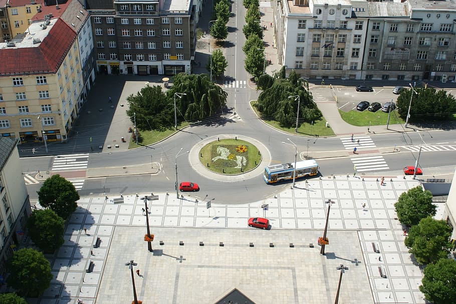 crossroad, ostrava, czech, panorama, cityscape, city, roundabout, traffic circle, building exterior, mode of transportation