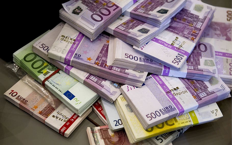 tumpukan uang kertas, Uang, Euro, Uang Tunai, Mata uang, tagihan, mata uang kertas, keuangan, kekayaan, kelompok besar benda