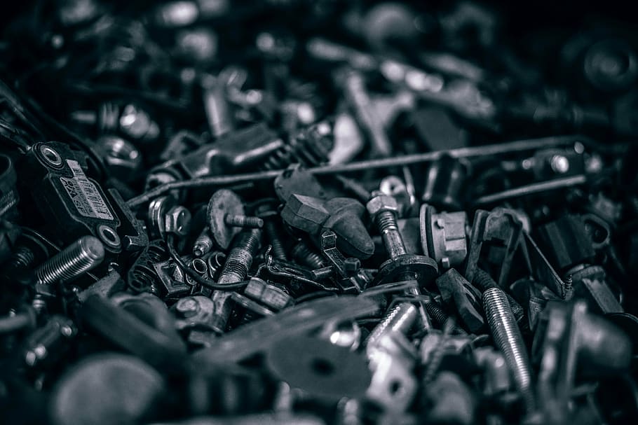 grayscale photography, pile, nuts, bolts, metal, tools, mechanical, bolt, screw, repairing