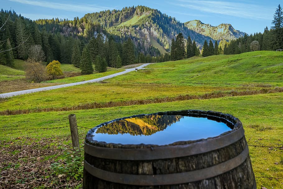 mountains, alm, nature, water, landscape, whiskey barrel, mirroring, plant, beauty in nature, tranquility