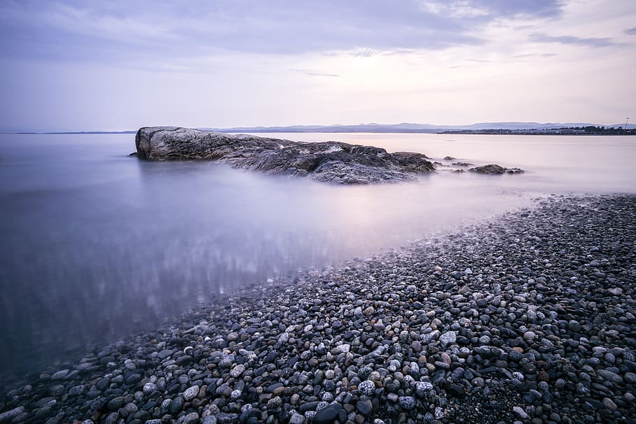 rock, water, pebbles, sky, shore, nature, stone, scenery, environment, outdoor