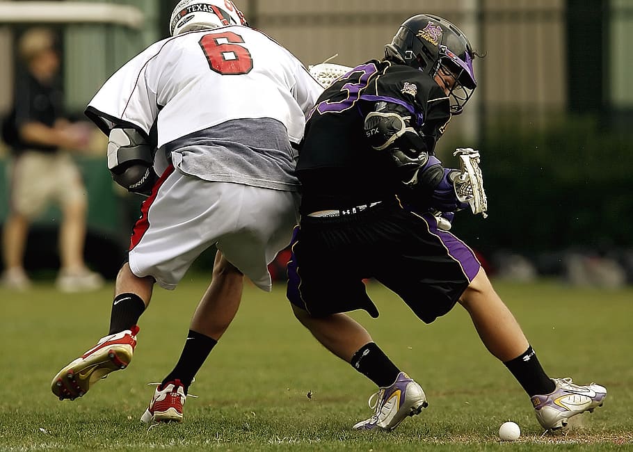lacrosse, competition, collision, grass, field, lacrosse game, high school lacrosse, helmet, aggression, male