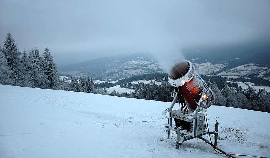 snow cannon, snow, extract, winter, cold, mountain, evening, stok, skis, weather