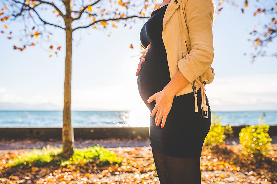pregnant, woman, holding, tummy, autumn, fall, maternity, nature, ocean, outdoors