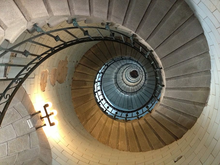 Staircase, Lighthouse, Architecture, brittany, spiral, steps and staircases, railing, steps, built structure, spiral staircase