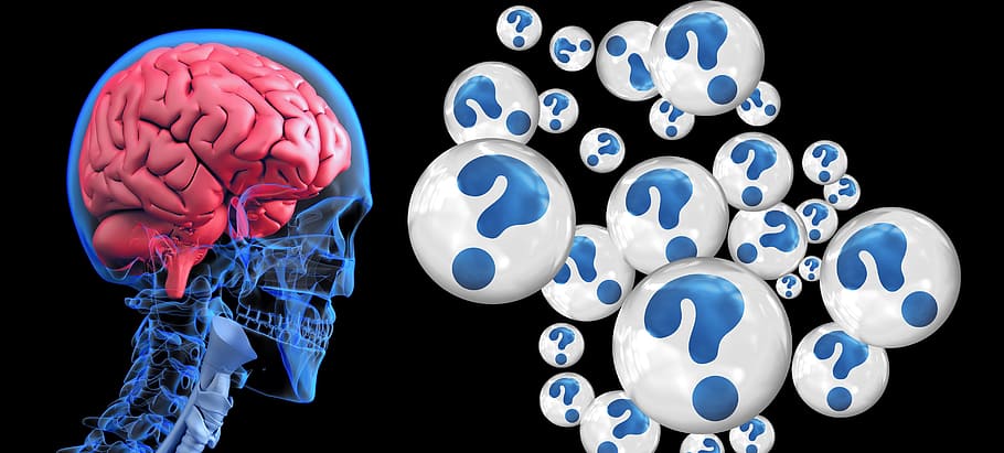 Ilustración del cerebro humano, cerebro, signo de interrogación, Alzheimer, demencia, robot, cyborg, android, robótica, adelante