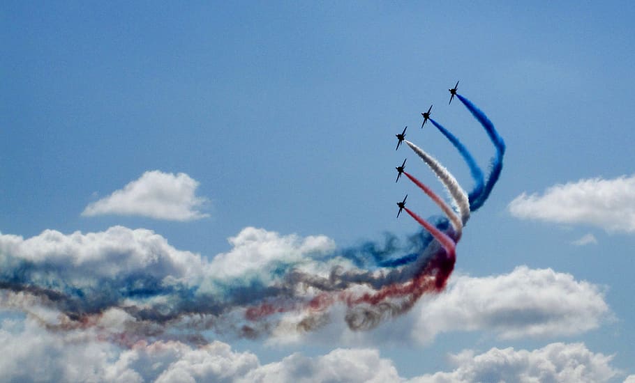 five, jets, releasing, colored, smokes, sky, airshow, formation, stunt, aerobatics