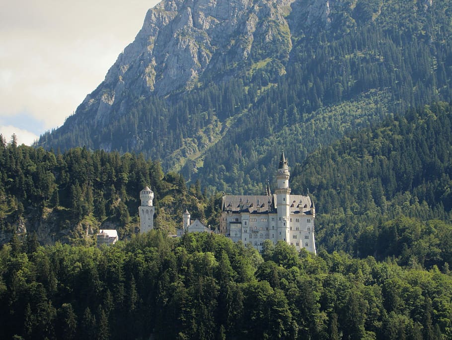 mountain, natural, travel, landscape, castle, neuschwanstein castle, germany, culture, holiday, forest