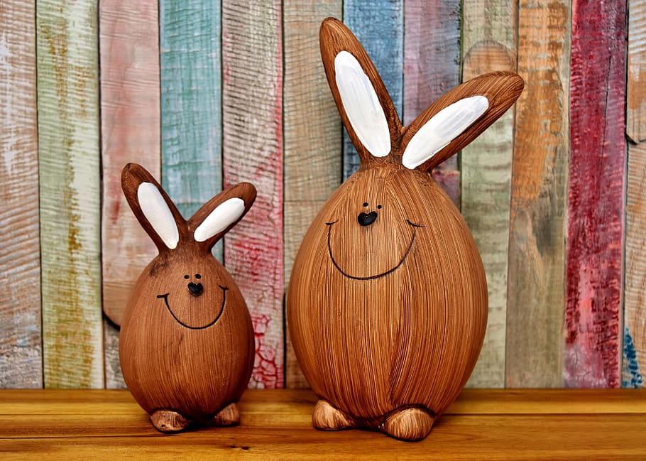 two, brown-and-white bunny decors, easter, easter bunny, figure, funny, happy easter, easter figures, hare, easter decoration