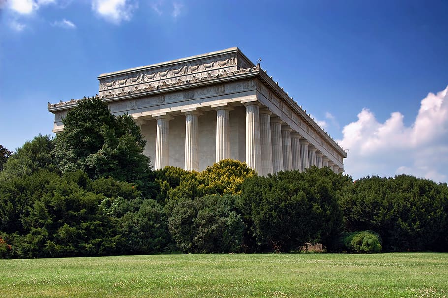 columnas de mármol, visto, árboles, Washington DC, Lincoln Memorial, hito, histórico, ciudad, ciudades, cielo