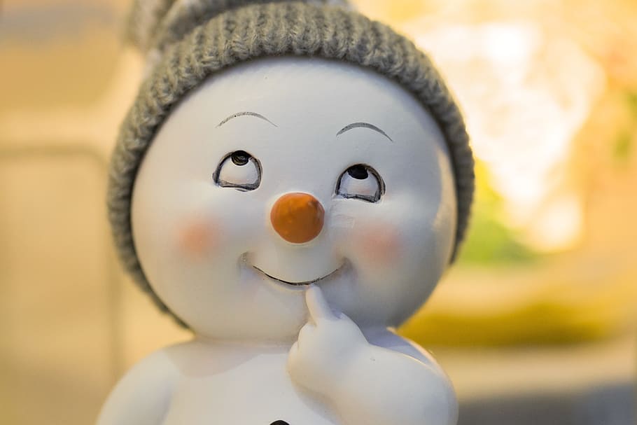 white, orange, thinking, baby snowman, ceramic, figurine, winter, snow man, gift, christmas