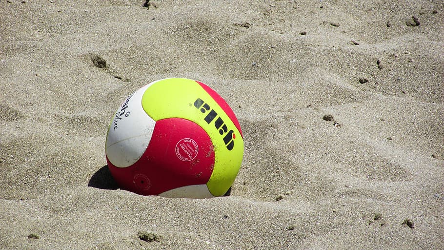 lime-green, white, red, soccer ball, beach sand, beach volley, volleyball, ball, sand, sport