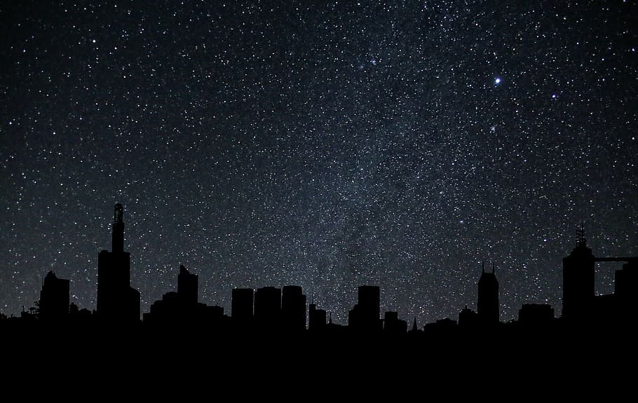 fotografia de silhueta, paisagem da cidade, silhueta, horizonte da cidade, noite, estrelas, céu, linha do horizonte, cidade, arquitetura