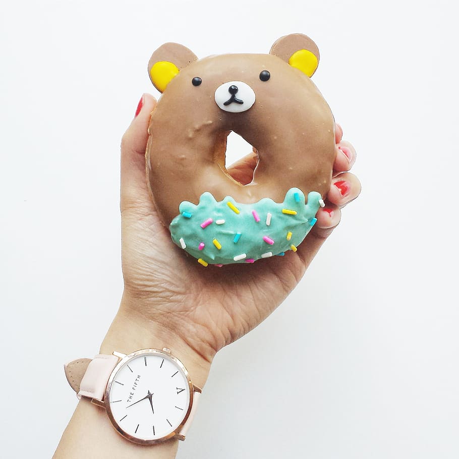 person, holding, rilakkuma doughnut, brown bear, doughnut, donut, cute, kid, sweet, food