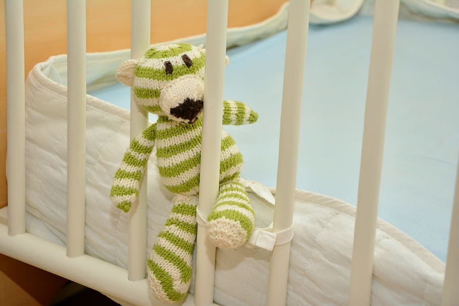 crochet, green, white, animal, plush, toy, inside, crib, Cot, Fertility