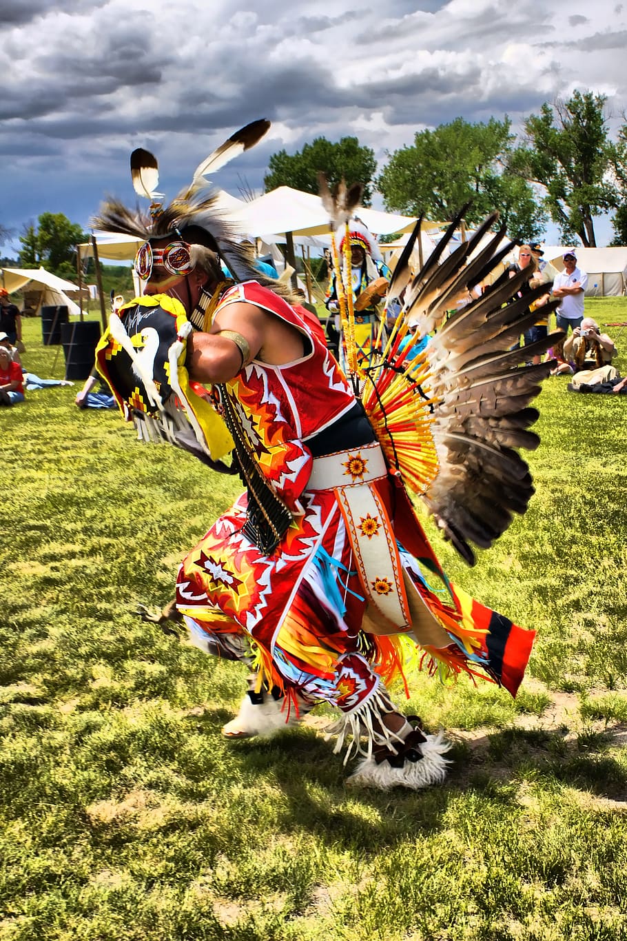masculino, nativo, dança americana, campo de grama, nativo americano, dança, indiano, cultura, traje, tradicional