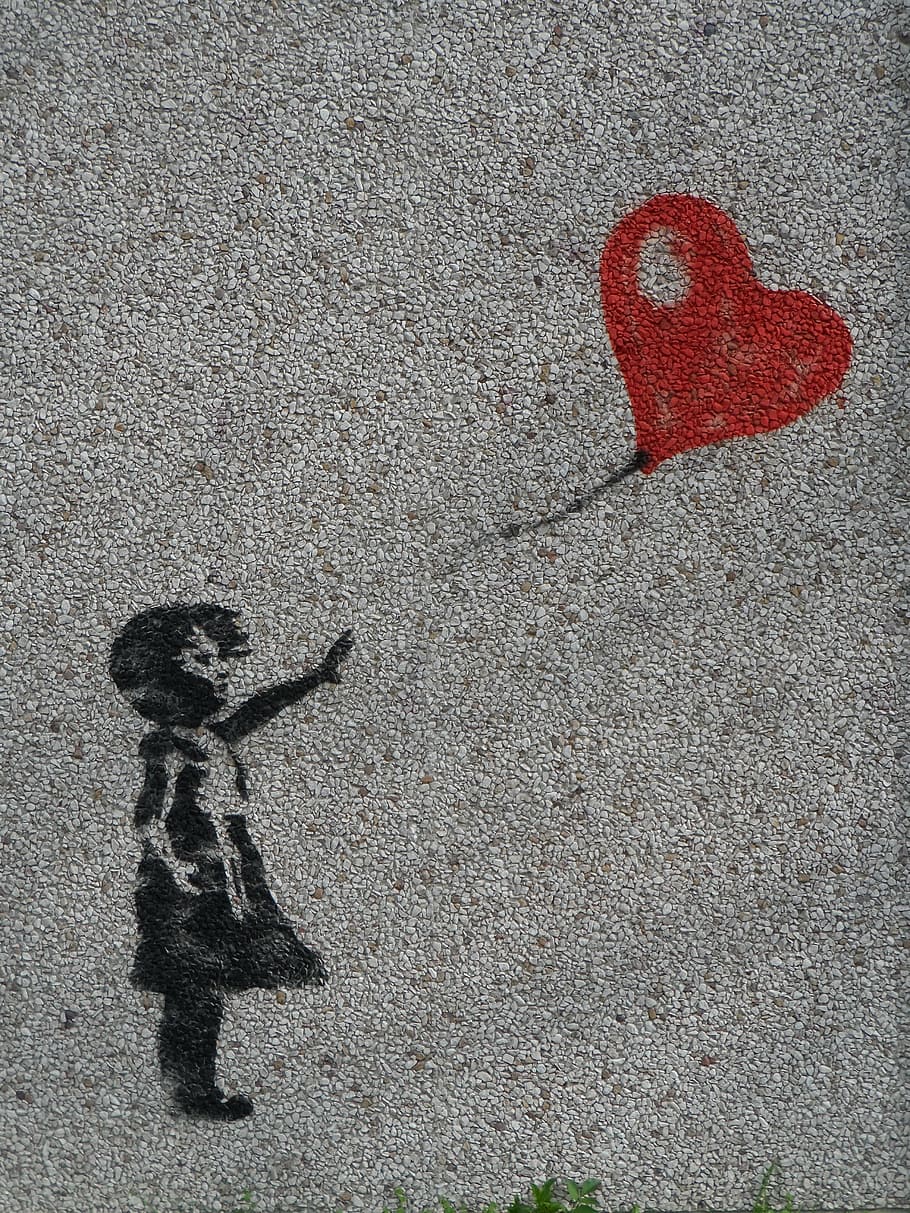 girl, trying, reach, heart balloon illustration, mural, balloon, heart, graffiti, innocent, love