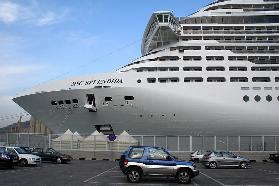 putih, kapal pesiar splendida msc, siang hari, Kapal, Pelabuhan, Barcelona, ​​Spanyol, kota, laut, air