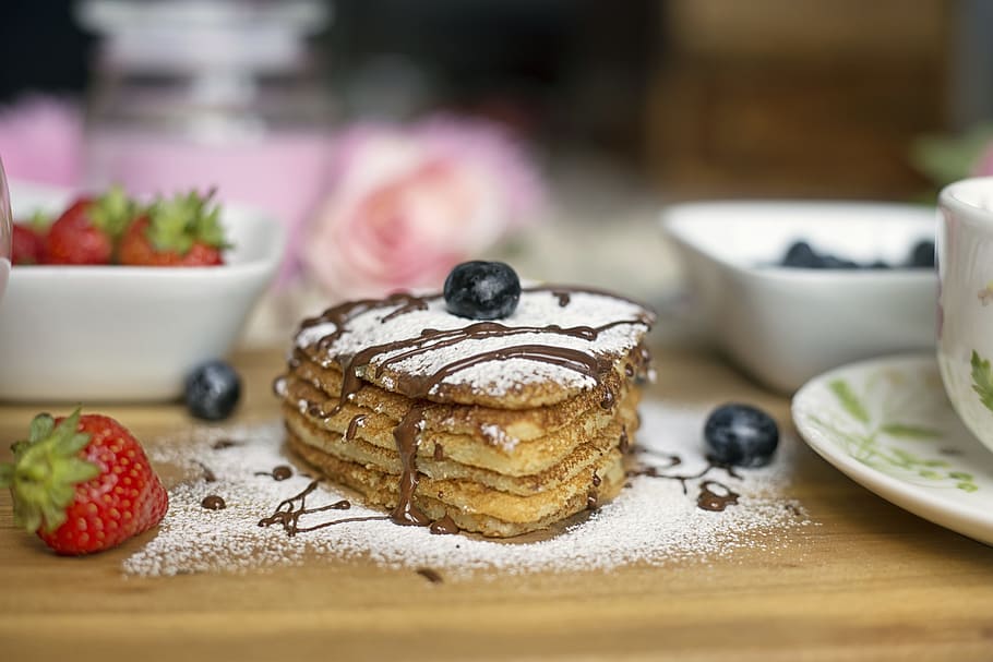 blueberry pancake, chocolate syrup, pancake, heart, food, breakfast, love, snack, sweet, meal