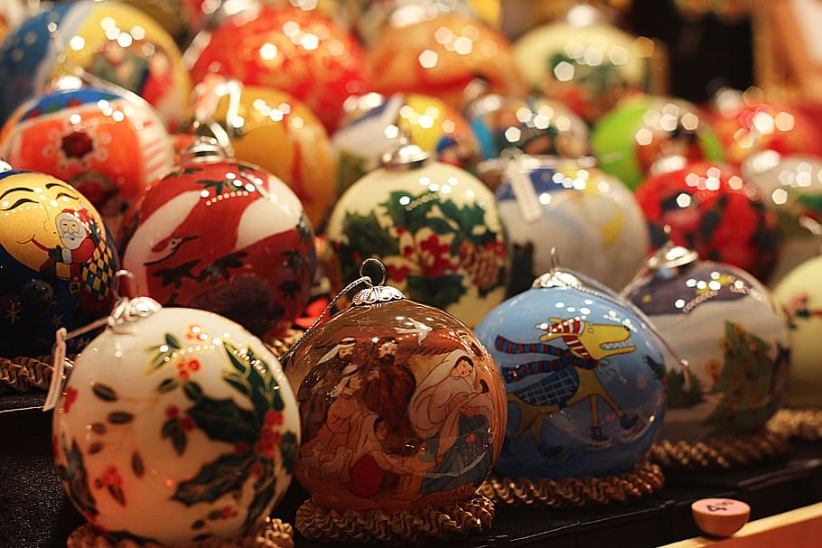 berbagai macam ornamen warna, coklat, permukaan, natal, bola, dekorasi, dekorasi natal, pasar, liburan, hari natal