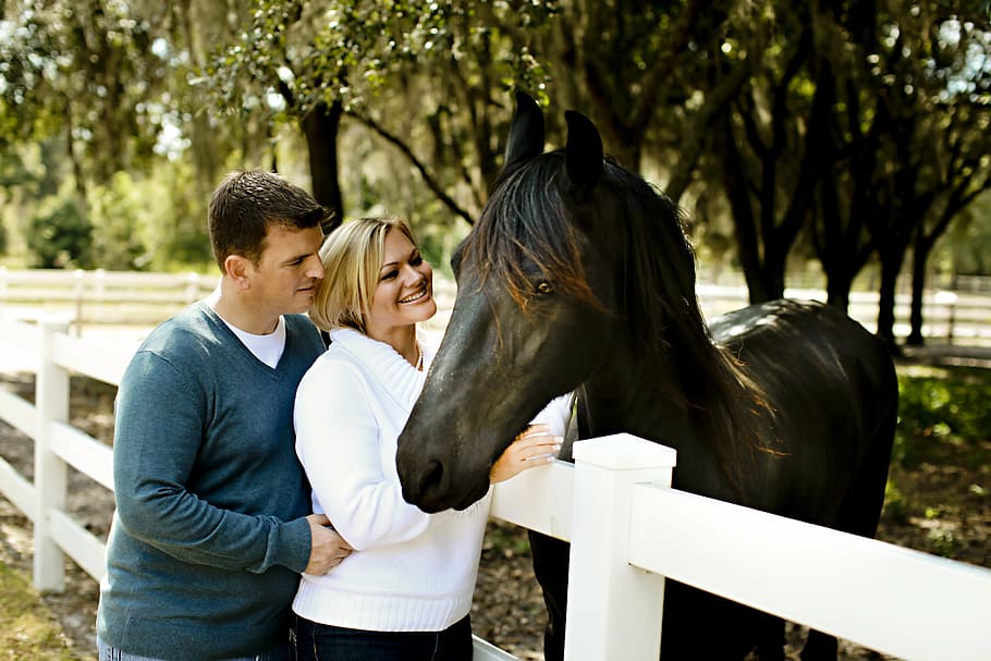man, woman, standing, front, horse, hug, couple, love, happy, female