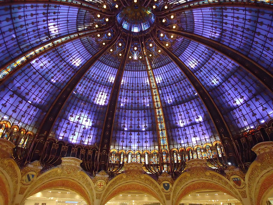 galeries lafayette, ceiling, stained glass windows, glass, vault, dome, blue, built structure, low angle view, architecture