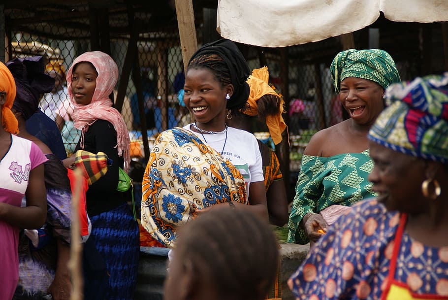 people, traditional, garments gathering, group, woman, gambia, market, creole, africa, traditional clothing