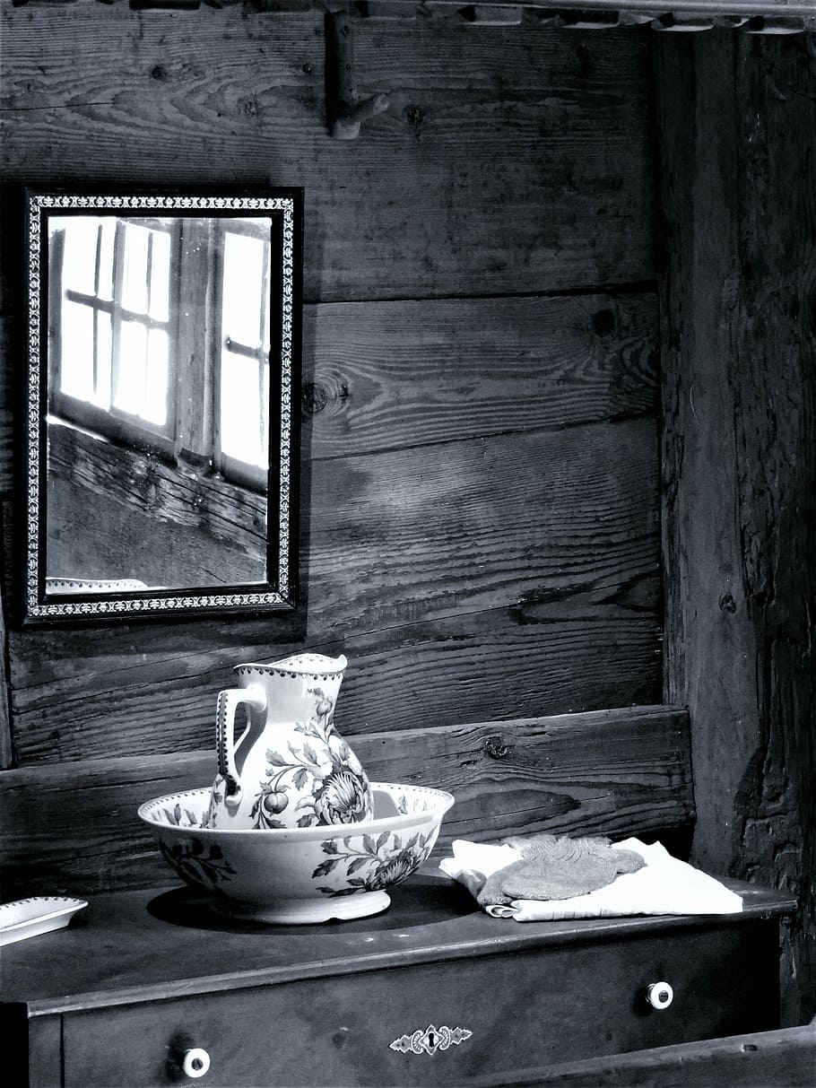 chest of drawers, wash bowl, nostalgia, past, at that time, body care, bowl, black and white, window, indoors