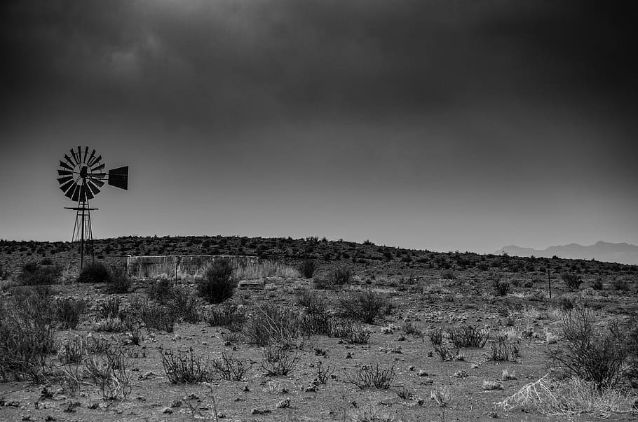 windmill, desert, black and white, monochrome, landscape, semi-desert, sky, arid, pump, karoo