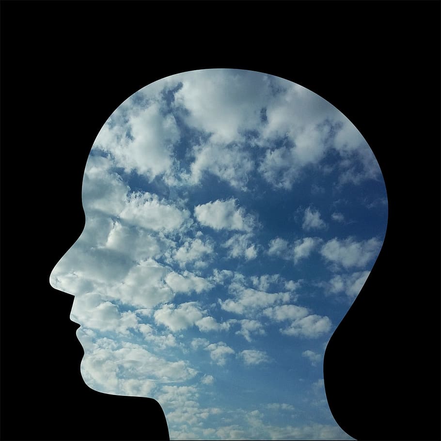 persona en forma de cabeza, nublado, ilustración del cielo, cabeza, hombre, persona, personas, cara, perfil, soledad