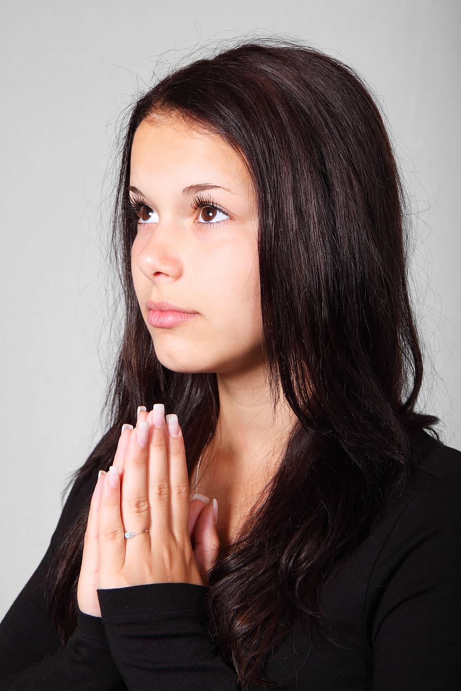 girl, wearing, black, long-sleeved, shirt, praying, hands, pray, eye, eyes