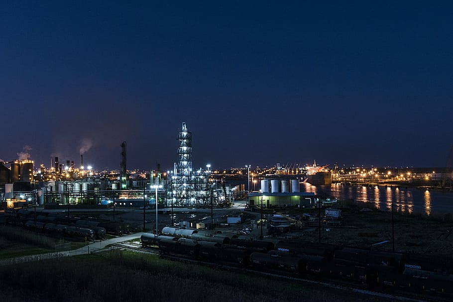 aerial, photography, lighted, buildings, night time, industrial, refinery, petroleum, oil, petrochemical