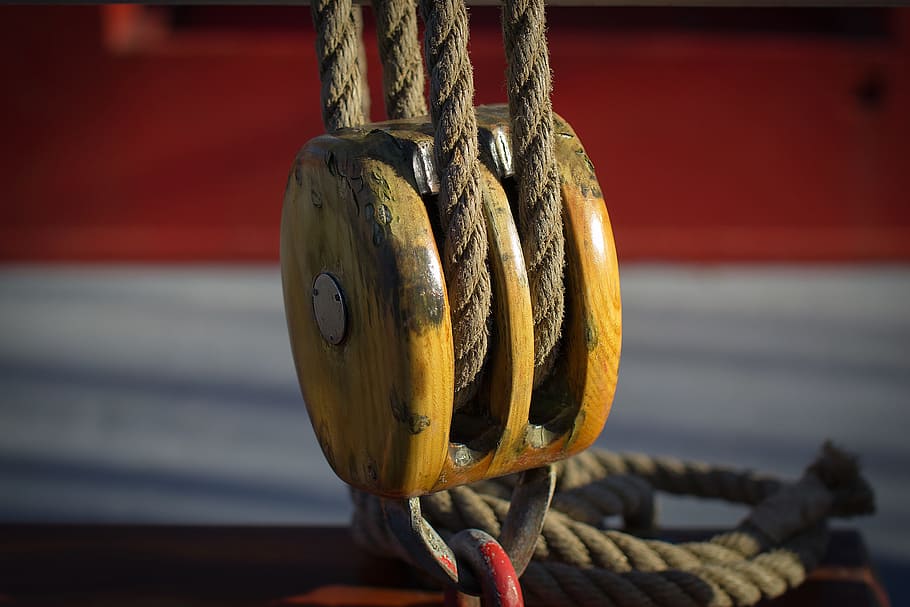 pulley, rope, boat, focus on foreground, strength, close-up, transportation, metal, nautical vessel, hanging