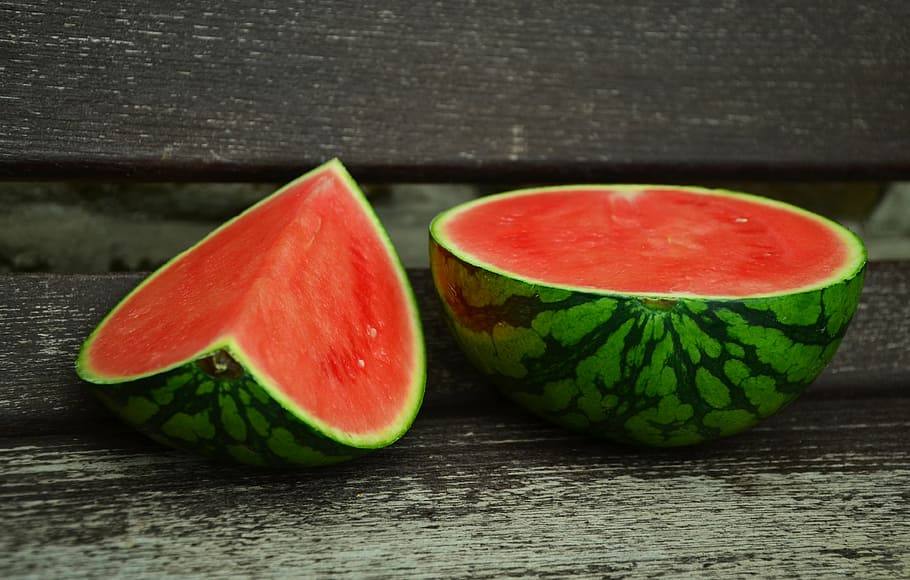 food photography, two, sliced, watermelons, watermelon, melon, juicy, fruit, food, delicious