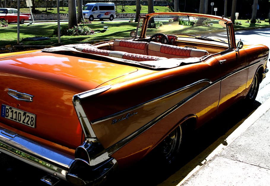 cuba, car, chevy, bel air, convertible, orange, gold, vintage, havana, travel