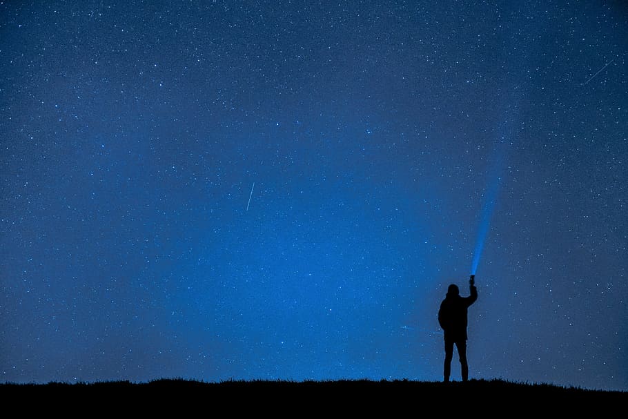 person silhouette, holding, flashlight, blue, sky, night photograph, starry sky, night sky, star, night