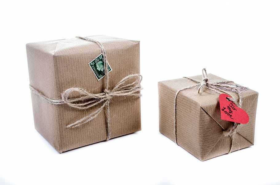 two, brown, gift boxes, boxes, cardboard, box, paper, old, close-up, isolated