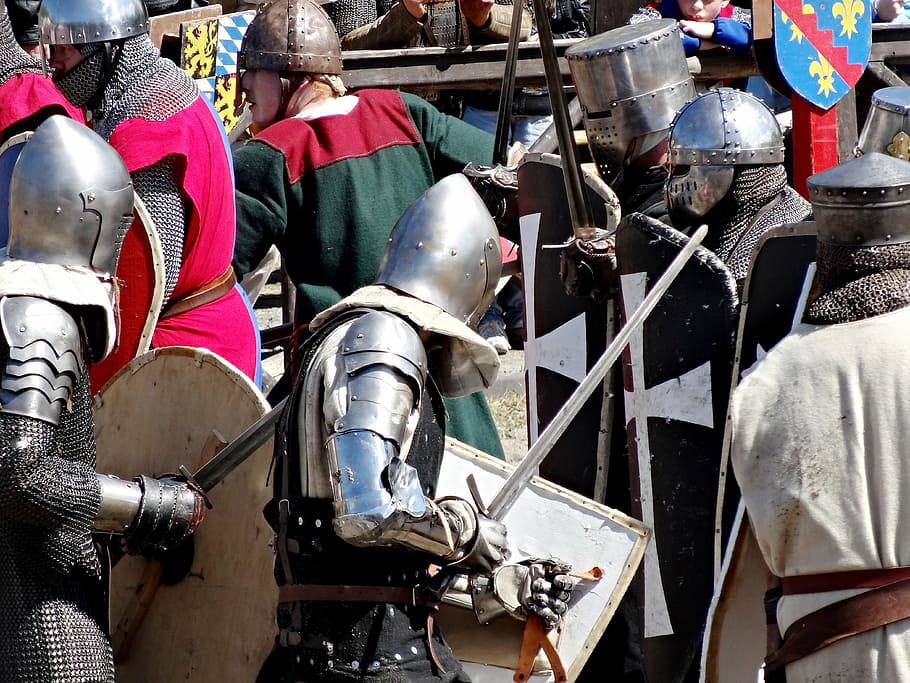 jogos de cavaleiro, cavaleiro, armadura, luta, espadas, idade média, leme, proteção facial, conquista, cena