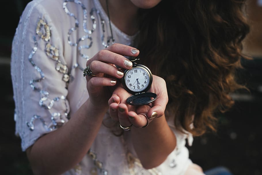 people, woman, time, clock, watch, hands, manicure, nails, one person, focus on foreground