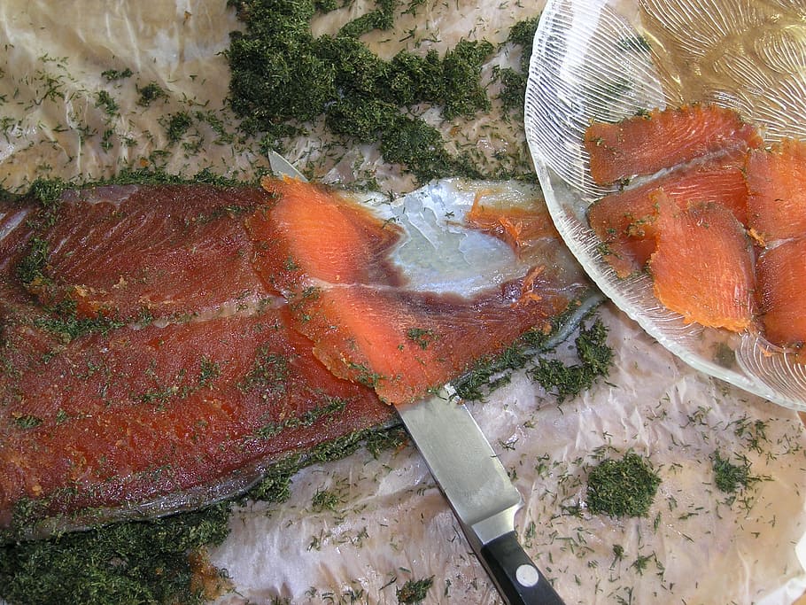 salmon, gravlax, fish, slices, cut, food, dining, dill, cold cuts, taste