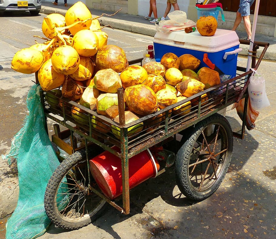 fruit cart, cartagena, old town, food, food and drink, for sale, fruit, retail, incidental people, healthy eating