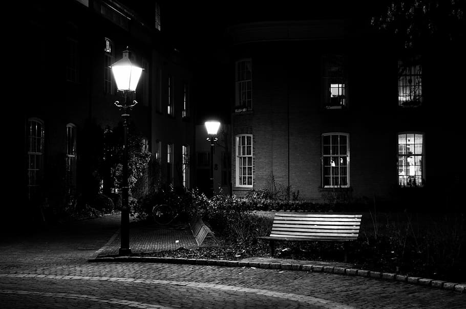 grayscale photography, turned-on post lamps, bench, zutphen, light, dark, evening, night, illuminated, street