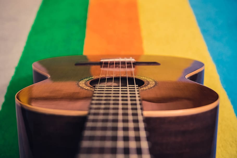 wood, indoors, instrument, classic, guitar, colors, strings, musician, play, musical
