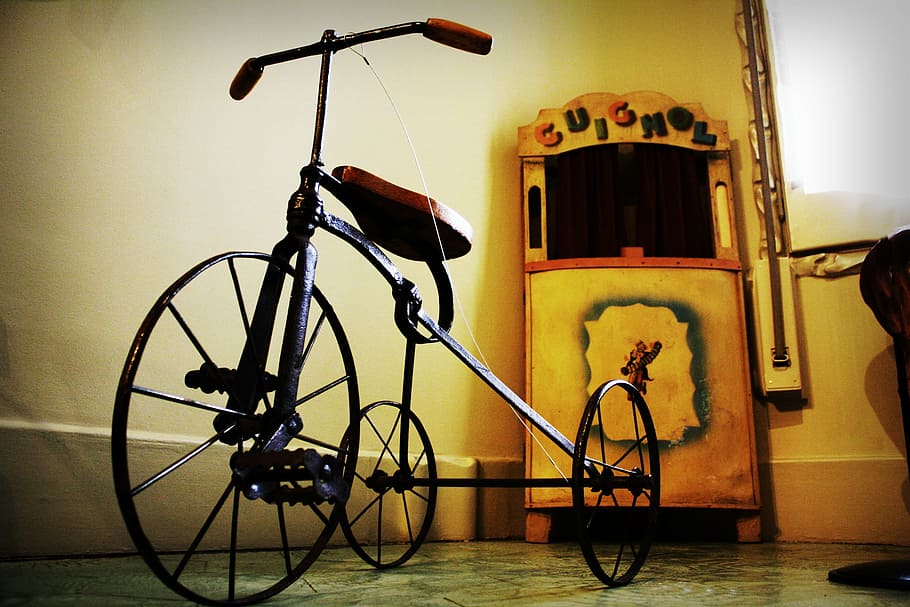 negro, marrón, bicicleta triciclo, adentro, habitación, persona, toma, foto, con ruedas, vehículo