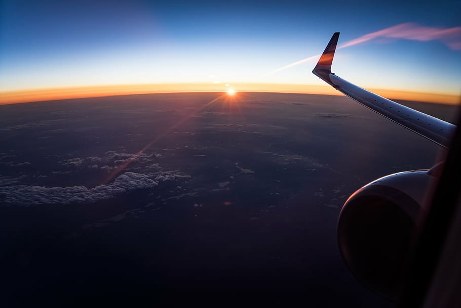 silhouette, airplane wing, view, sunset, window, plane, technology, airplane, wings, turbine