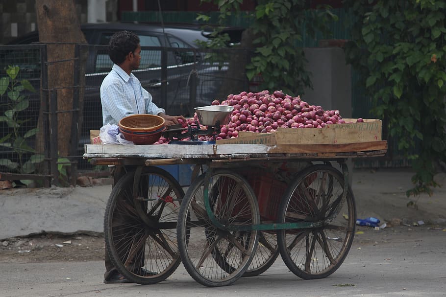 onion, seller, roadside, shopkeeper, wheel, one person, real people, food and drink, food, transportation
