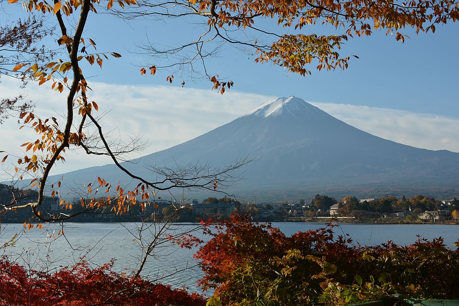 mountain near ocean, japan, autumn, world heritage site, mountain, snow, sky, lake, yamanashi, landscape